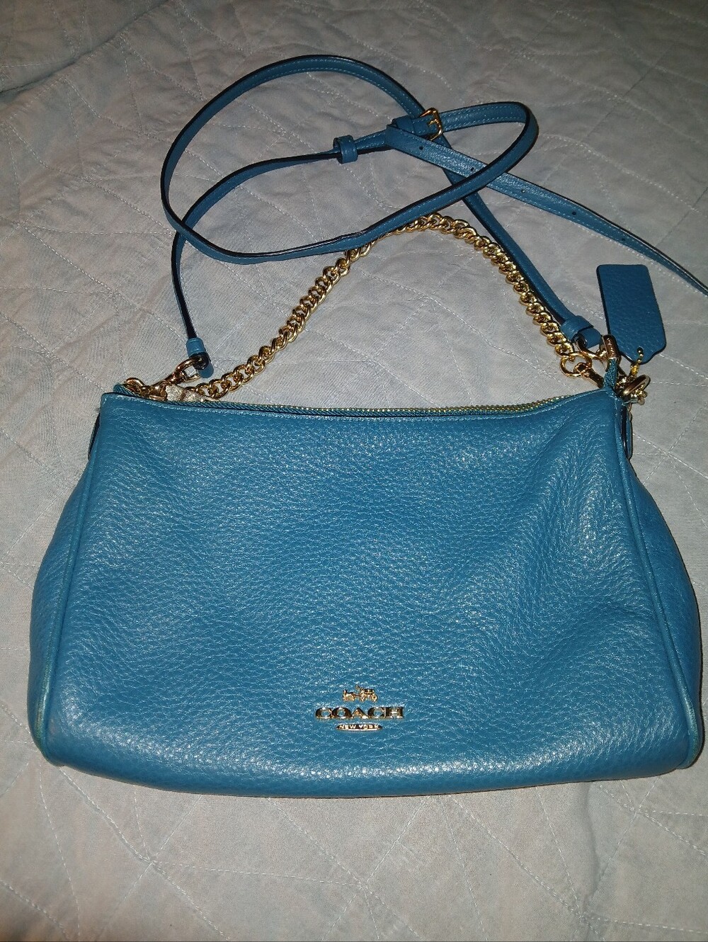 Coach Turquoise Pebbled Leather Crossbody with Gold Chain